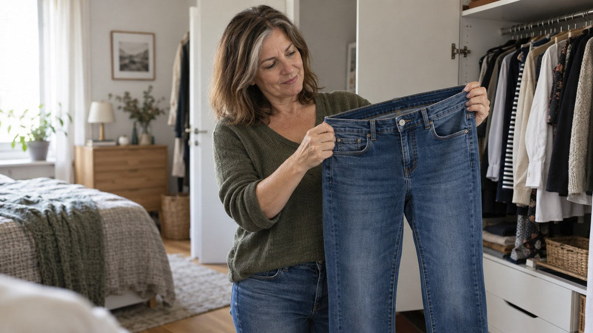 Woman in her fifties holding up a pair of jeans in front of her wardrobe, checking the fit