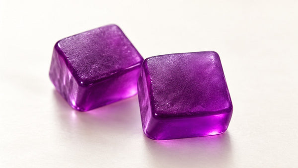 Macro shot of two purple Balanthy gummies on an ivory background